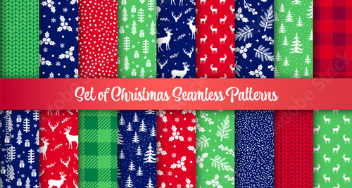 Cute Christmas seamless patterns set. Winter hand drawn print collection. Scandinavian holiday background with Christmas tree, deer, fir branch, berry, plaid, snow texture for season gift wrap, fabric