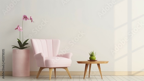 Blank wall home room interior with light pink chair and mini table