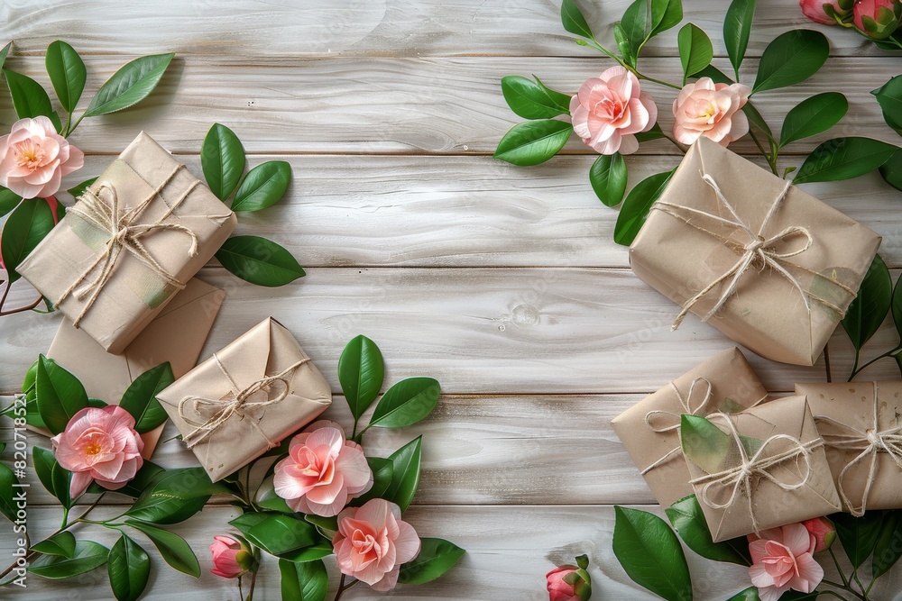 Gift box with ribbon and bow on beige background with empty copy space Gift box with ribbon and bow on beige background with empty copy space
