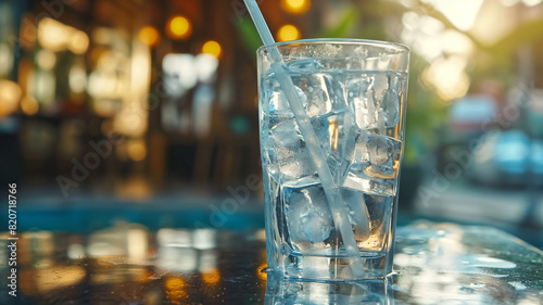 A clear glass filled with ice cubes and water, accompanied by a straw and condensation on the outside of the glass. The background is a dining table in a small restaurant in Thailand. It provides a re