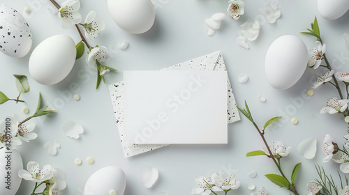 Composition with blank card Easter eggs and flowers on