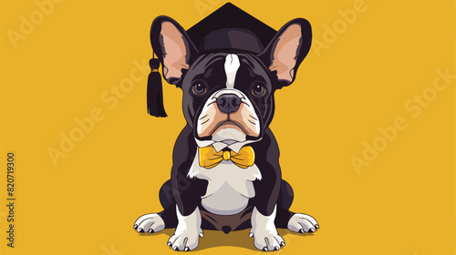 Cute French Bulldog in mortar board and bow tie on yellow