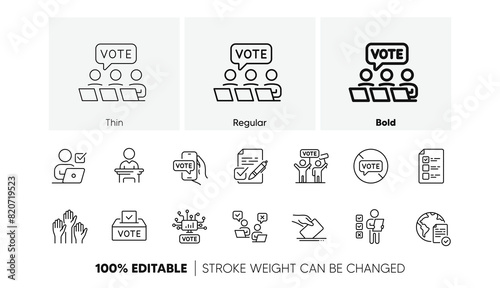 Public Election, Vote Box, Ballot Paper icons. Voting line icons. Candidate, Politics voting and People vote. Government election, Raised hands, Document checklist. Online poll result. Vector