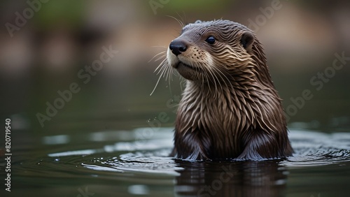 cute wild otter in river with blurr background