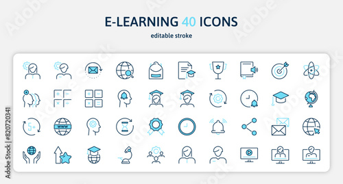 E-learning and education 40 line color blue icons set. Home schooling, online courses, exams, graduation, study. Isolated on a white background. Pixel perfect. Editable stroke. 64x64.