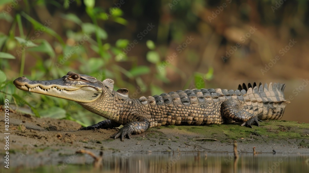 almost completely camouflaged juvenile false gharial (asian swamp crocodile) basking on a riverside almost completely camouflaged juvenile false gharial (asian swamp crocodile) basking on a riverside