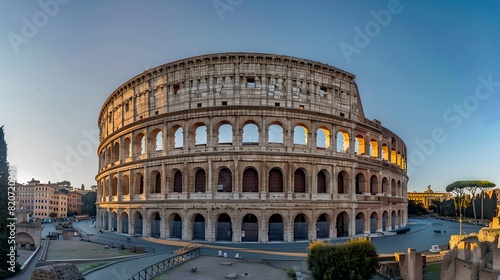 Beautiful panoramic view of the historic Colosseum in Rome  lit by golden sunlight. Scenic landscape photography at its best. AI