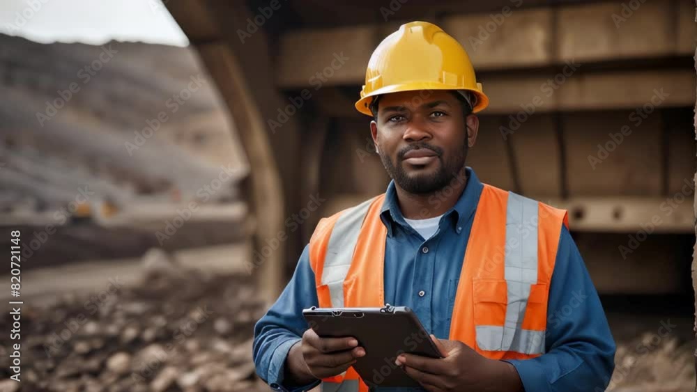 A mining African American engineer with tablet at a mine site. 