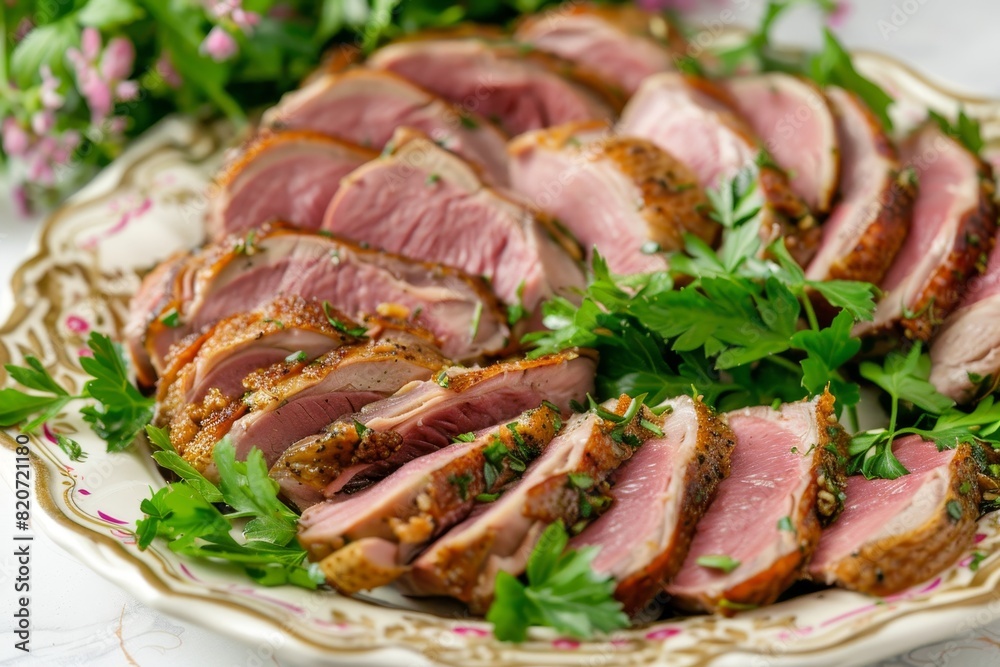 Close up of sliced roast duck meat delicately served on a plate on a pristine white tabletop