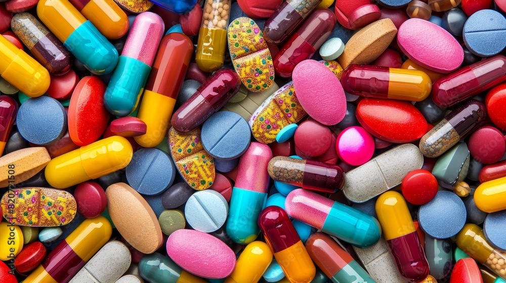 Vivid close up of assorted medication pills and capsules in top view composition Vivid close up of assorted medication pills and capsules in top view composition