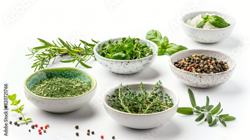 Composition with bowls of fresh spices and herbs isola