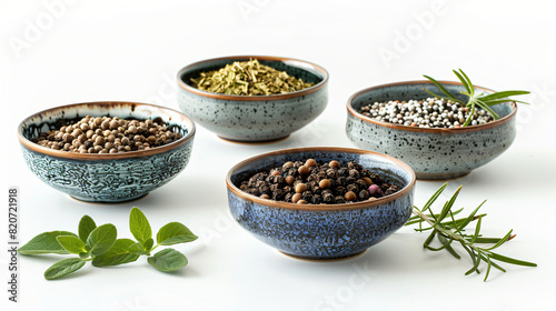 Composition with bowls of fresh spices and herbs isola photo