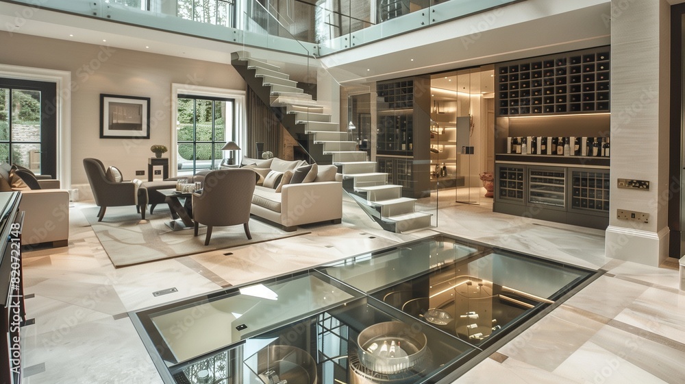 A drawing room with a custom-designed, suspended glass floor that reveals a private wine cellar below
