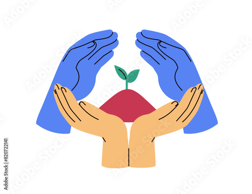 Hands holding soil with plant sprout. Nature care and protection, sustainable growth, ecology conservation concept. Eco-friendly development. Flat vector illustration isolated on white background