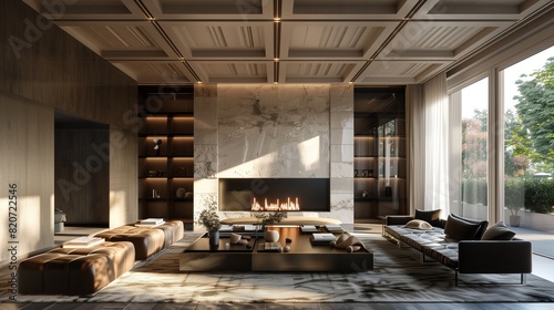 A drawing room with a dramatic coffered ceiling and a modern fireplace surrounded by natural stone photo
