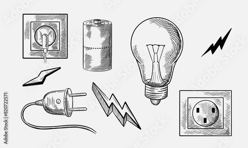 Doodle style electricity or power vector illustration with cord and plug, light bulb, battery, and lightning bolt