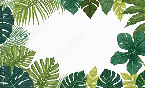 Illustration of tropical leaves border on white