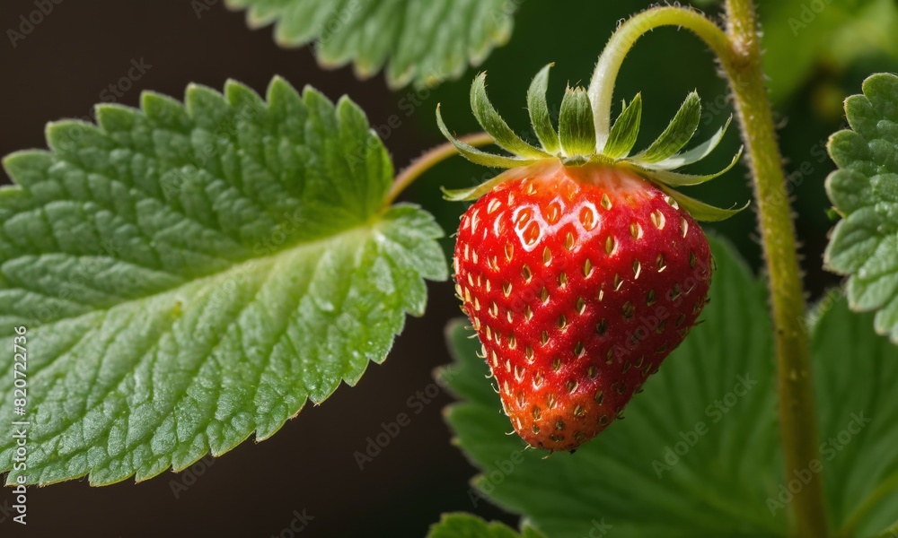 Close-up of a ripe strawberry with green leaves Close-up of a ripe strawberry with green leaves