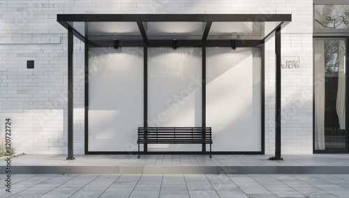A mockup of an empty bus stop with large glass windows and a black bench