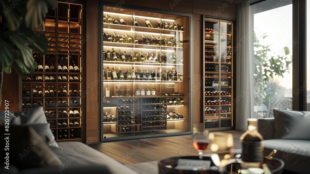 A drawing room with a built-in, temperature-controlled wine cellar visible through glass panels A drawing room with a built-in, temperature-controlled wine cellar visible through glass panels