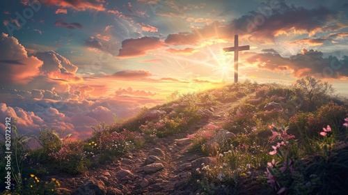 Sunset Hilltop Cross with Light Rays Illustration