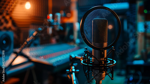 Professional Studio Setup: Microphone with Pop Shield in Empty Recording Studio photo
