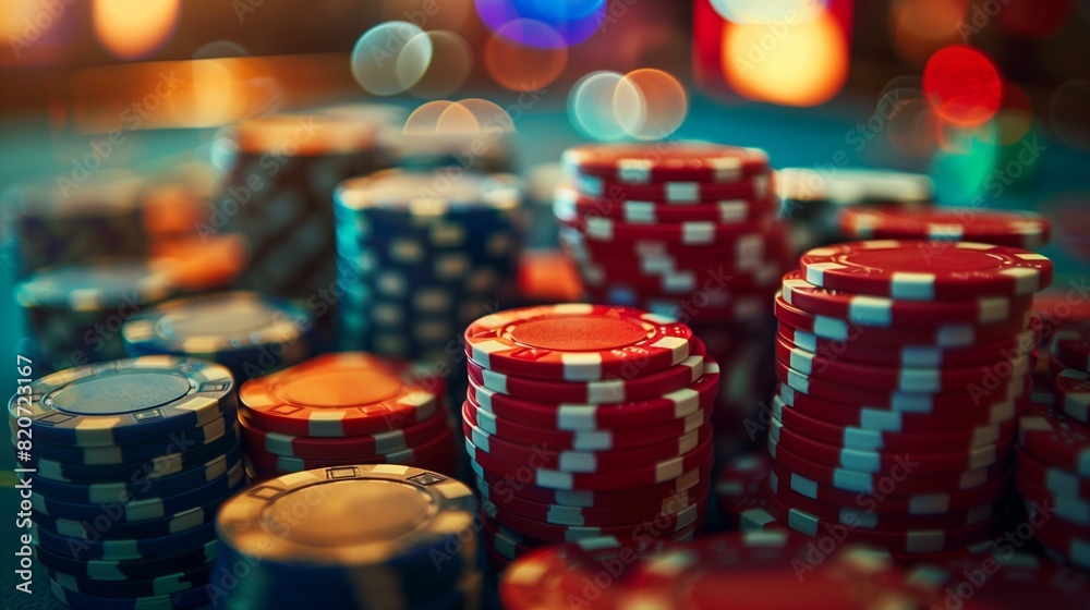 Red white blue poker chips on green table felt background with blurred casino lights in background concept poker game Red white blue poker chips on green table felt background with blurred casino lights in background concept poker game