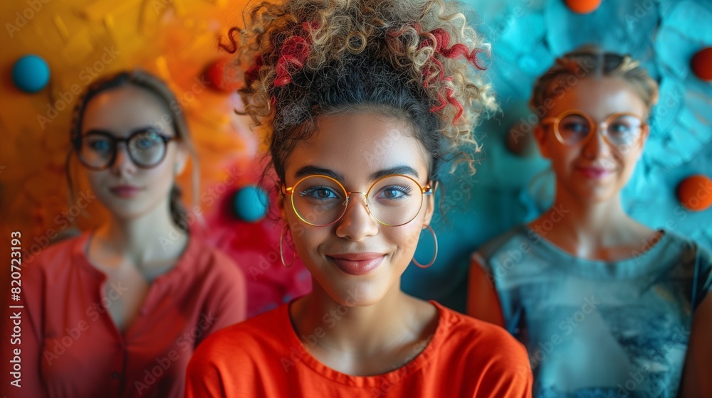 Obraz premium Three young multiracial women wearing glasses colorful clothing posing together against colorful background