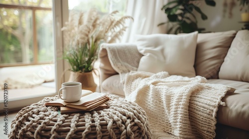 Cozy home interior with neutral colors natural materials textures cup tea on knitted pouf concept slow living conceptrelaxed intentional photo
