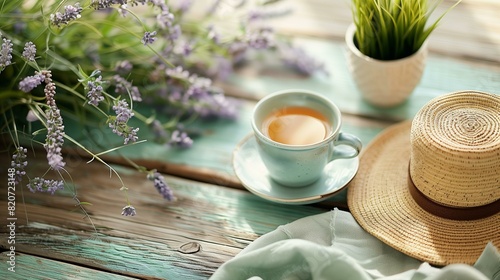 Portraying concept slow living lifestyle with cup tea lavender bouquet straw hat scarf on rustic table photo