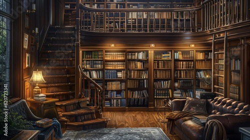 A drawing room with a floating staircase leading to a mezzanine library filled with leather-bound books