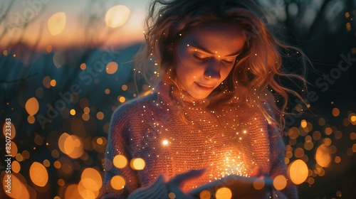 Woman holding handful glowing lights