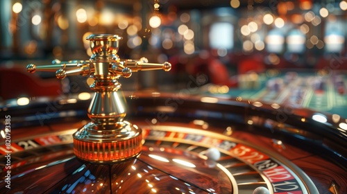 casino roulette wheel in motion with golden croupier in center blurred background casino with bright lights