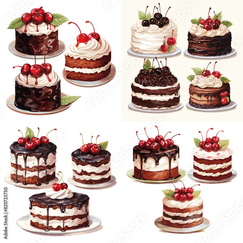 Chocolate cake decorated with red cherries and cream