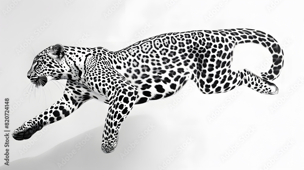 Naklejka premium Jumping leopard black and white ink illustration isolated on white background