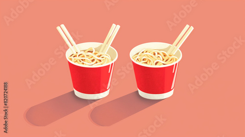 Two Ramen noodle instant cup with chopsticks.Generative Ai.