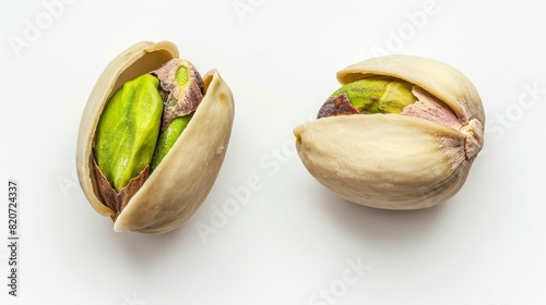Two opened pistachio nuts, two without shells, isolated on white background. Generative AI