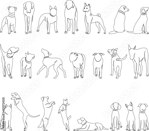 Photography set of dogs in different sketch poses on a white background