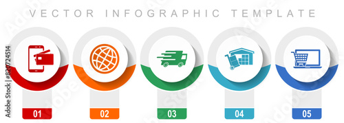 Commerce icon set, miscellaneous vector icons such as credit card, globe, truck, storage and online shop, modern design infographic template, web buttons in 5 color options