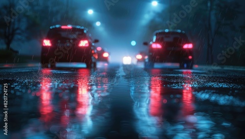 3D rendering of cars driving on the road at night with fog and rain, lights from headlights shining through wet asphalt. The perspective is from behind them.