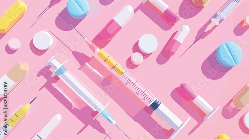 Different drugs and syringes on pink background Vector