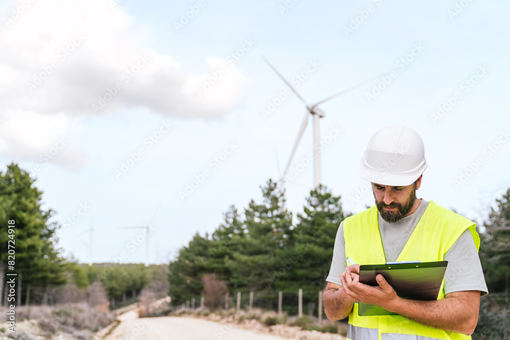 Fototapeta premium A wind farm technician checks notes on a clipboard, wearing a hard hat and safety vest, with wind turbines around.