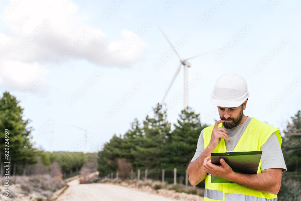 A wind turbine technician thoughtfully examines a clipboard, wearing a hard hat and safety vest, surrounded by wind turbines. A wind turbine technician thoughtfully examines a clipboard, wearing a hard hat and safety vest, surrounded by wind turbines.