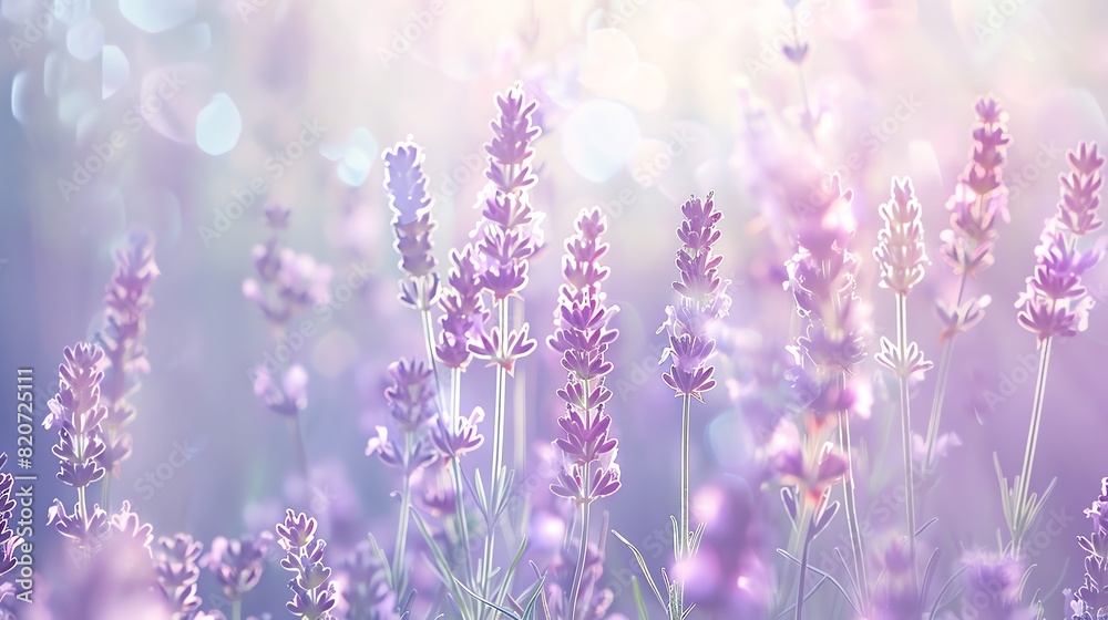Naklejka premium Refined floral background featuring lavender flowers in a soft purple haze, calming theme, sophisticated, Blend mode, tranquil field backdrop