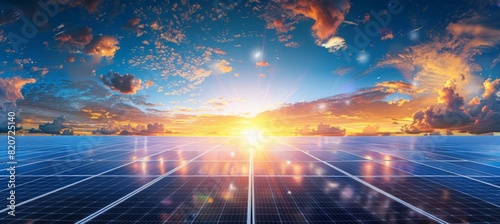 Panoramic shot of solar panel under clear blue sky with ample space for text placement