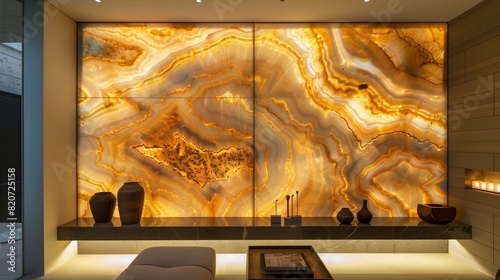 A drawing room with a custom-designed, backlit onyx wall panel that changes colors