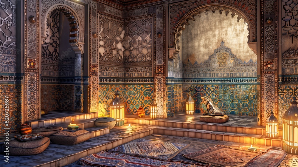 Obraz premium A drawing room with a Moroccan-inspired design, complete with intricate tile work and lanterns