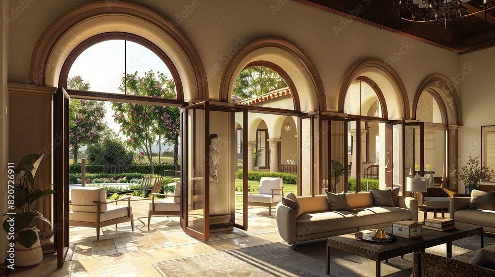 Fototapeta premium A drawing room with a series of arched doorways leading to an outdoor patio