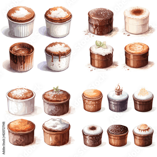 Delicious chocolate and vanilla soufflés with powdered sugar and caramel drizzle. Perfect for bakery menus, dessert illustrations, café branding, and gourmet pastry promotions.