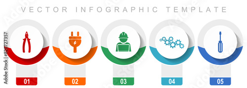 Service icon set, miscellaneous vector icons such as pliers, plug, engineer, gears and screwdriver, modern design infographic template, web buttons in 5 color options